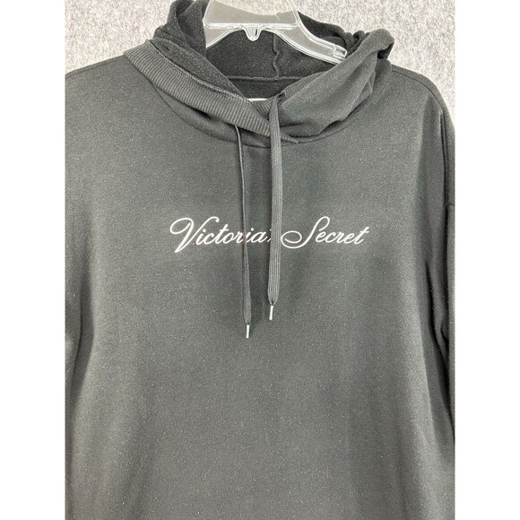 Victoria's Secret Women Sweatshirt Large Black Hoodie Cropped Logo Fleece - Picture 2 of 9